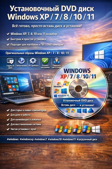 Установочный DVD диск Windows XP / 7 / 8 / 10 / 11 — всё готово, прост