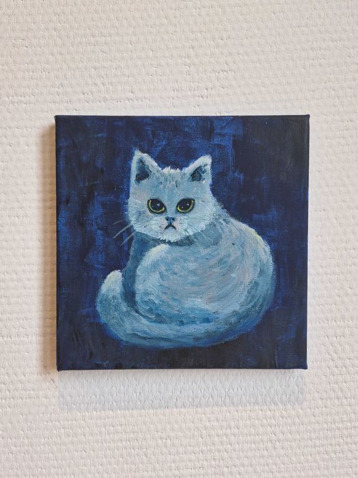 Ręcznie malowany obrazek z kotkiem akryl na płótnie 20x20 cm