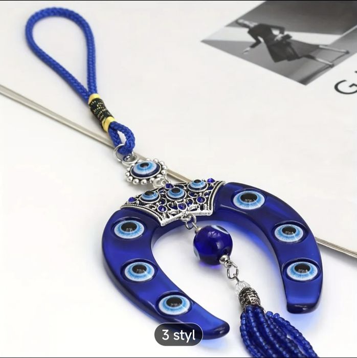 Niebieska Zawieszka z frędzliem w kształcie podkowy z oczkiem szczęści
