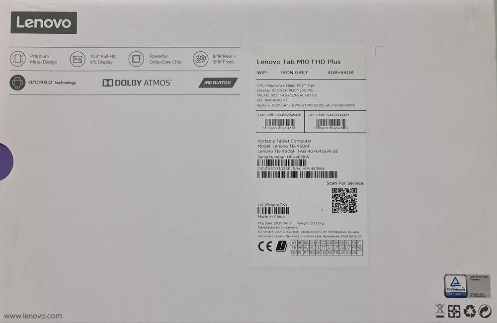 Tablet Lenovo Tab M10 FHD Plus 10.3” 4GB RAM 64GB WiFi Android