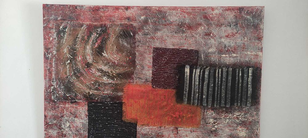 Quadro 100x70 cm em tela com colagem de tecidos cores de outono.