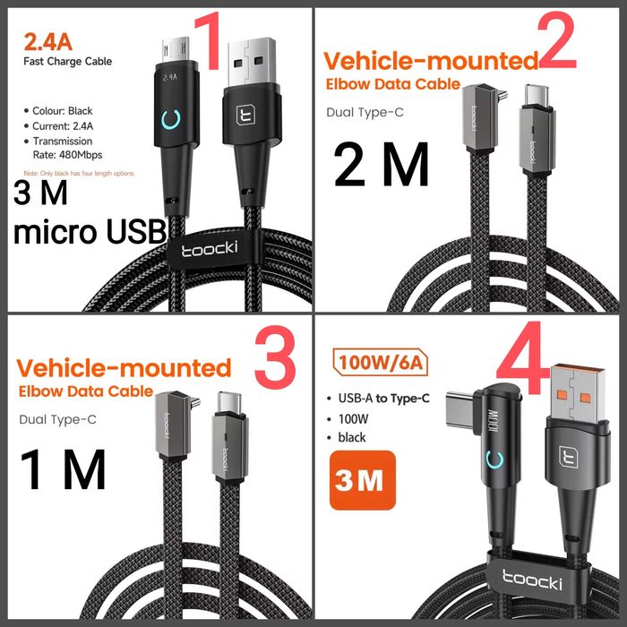 Кабель зарядки usb  A-C, C-C 1м, 2м, 3м  Essager Toocki, 100W/240W