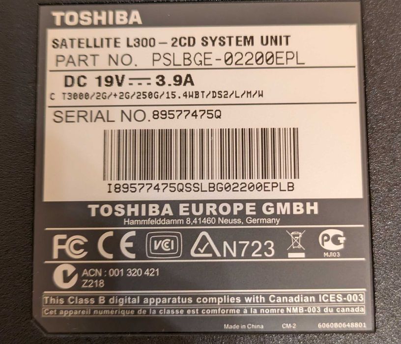 Toshiba Satellite L300-2CD (артикул PSLBGE-02200EPL) + БП + cумка