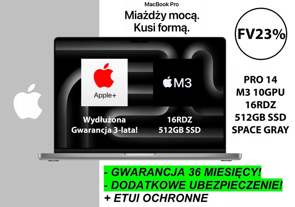 NOWY Apple MacBook Pro 14 M3 16RDZ 512GB GRAY +DODATKI GW-3LATA! FV23%