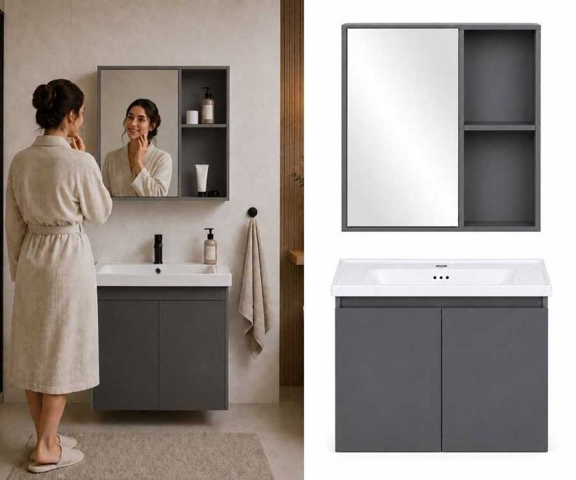 KOMPLET MEBLI ŁAZIENKOWYCH szafka wisząca z umywalką + szafka z lustrem GREY