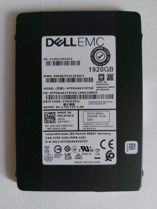SSD Dell 1.92TB SATA (0GYGVV) Micron 5300 PRO — Новий (3 год напрацювання)