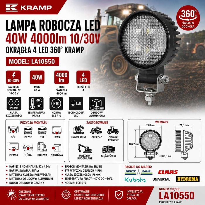 Lampa robocza LED 40W 4000lm 10/30V wtycza Deutsch 4 LED 360° Kramp