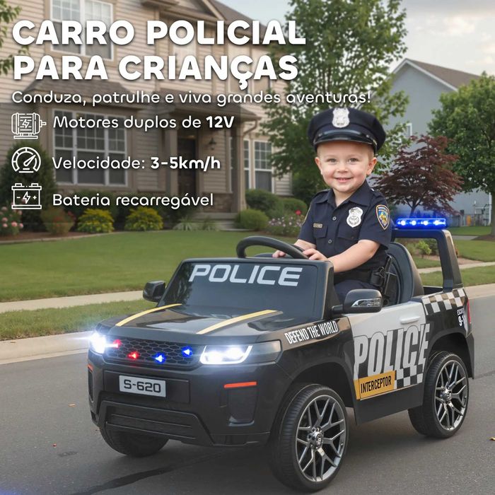 Carro Elétrico para Crianças de Polícia 12V com Motor
