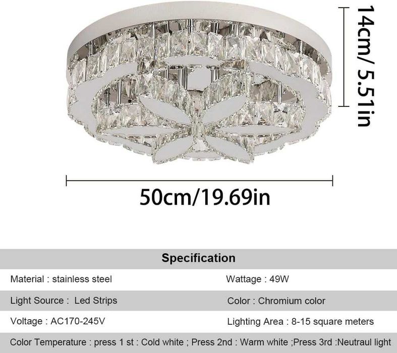 Candeeiro de Teto Cristal GreeLustr 50cm com Controlo Remoto | Lustre LED Regulável Moderno em Cristal K9