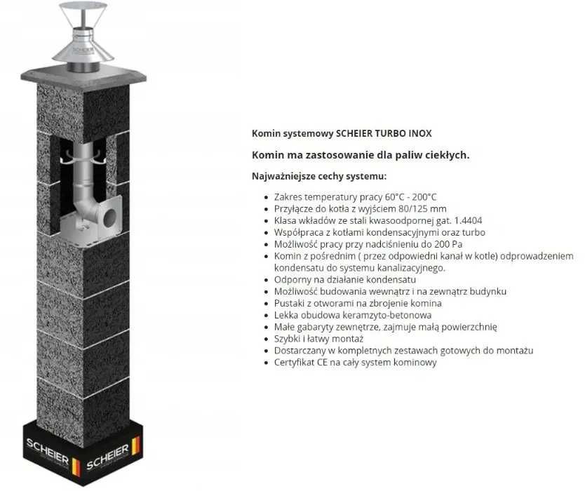 Komin systemowy system kominowy Inox 80 8m KW turbo 36x50 gaz olej