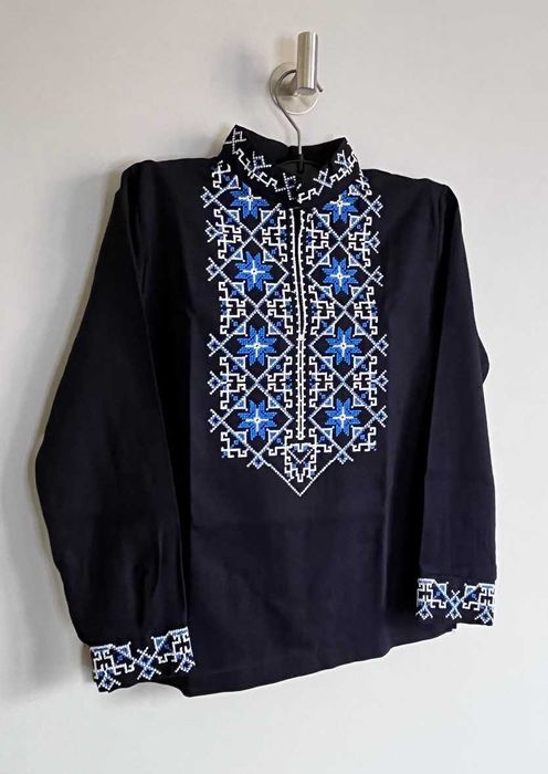 Вишиванка дитяча для хлопчика шкільна з довгим рукавом темно синя