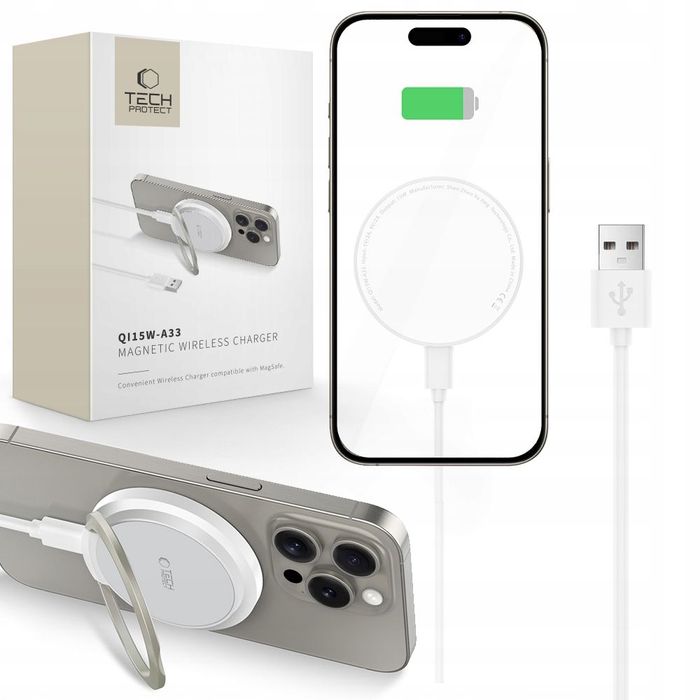 Ładowarka Tech-Protect QI15W-A33 indukcyjna z MagSafe i podstawką z kablem USB-A / USB-C - biała