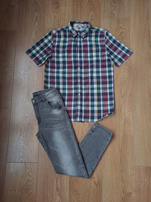 Набор/рубашка в клетку с коротким рукавом/серые джинсы