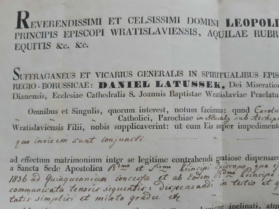 Biskup Daniel Latussek Bralin Kępno Nowa Sól akt dyspensy ślub 1839