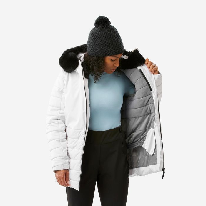 Casaco de ski e snowboard quente meio-comprido Mulher, 100 Branco