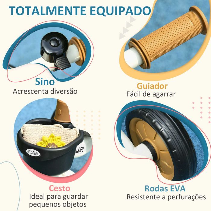 Triciclo para Crianças de 2 a 5 anos, Assento Ajustável, Bege