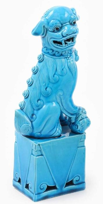 Par de cães de Foo em porcelana da China cor Azul Turquesa