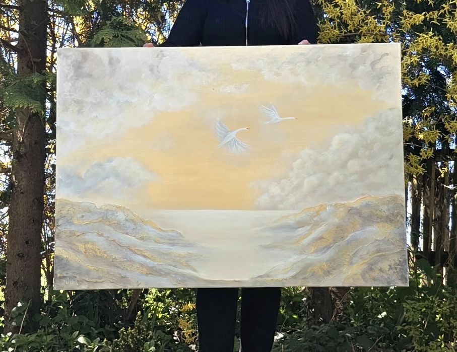 Obraz ręcznie malowany 100x70 cm abstrakcja nowoczesny złote detale, dekoracja wnętrza do salonu duży obraz
