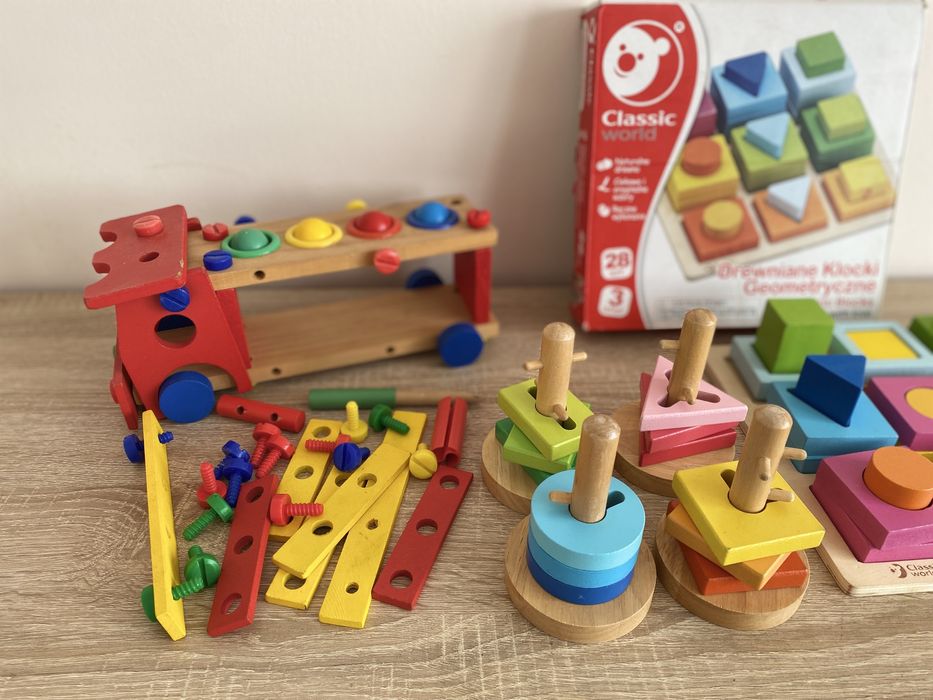 Drewniane zabawki komplet edukacyjne