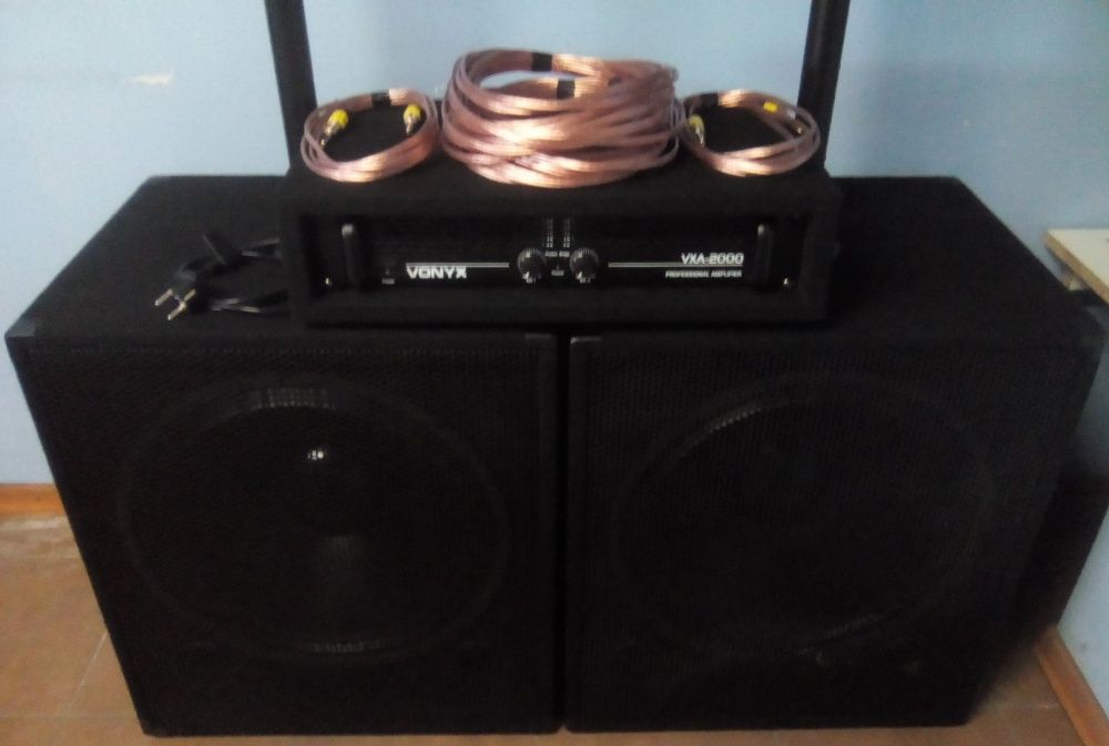 ZESTAW ESTRADOWY 2xsub 2xsat Końcówka mocy 2xStatyw 4xPrzewód 3400W PL