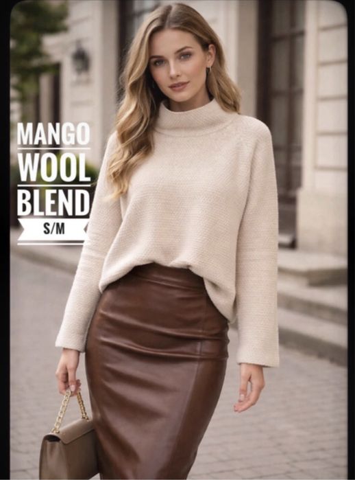 827. r.M.  Mango. Wool blend. Półgolf. Kremowy/beżowy sweter ciepły