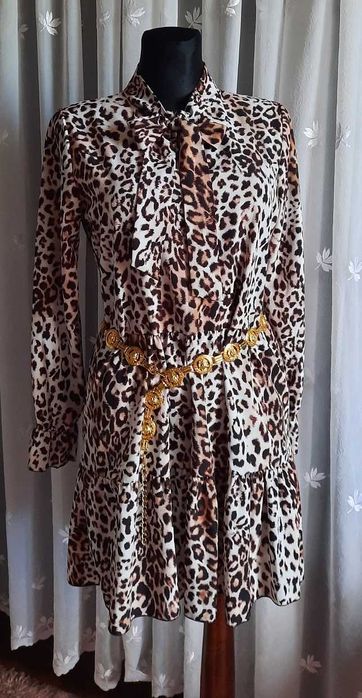 Piękna nowa w panterkę leopard sukienka wiązana brąz camel beż M M/L