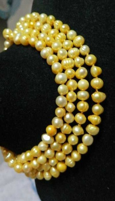 Żółte, naturalne perły słodkowodne, długi sznur pereł, naszyjnik