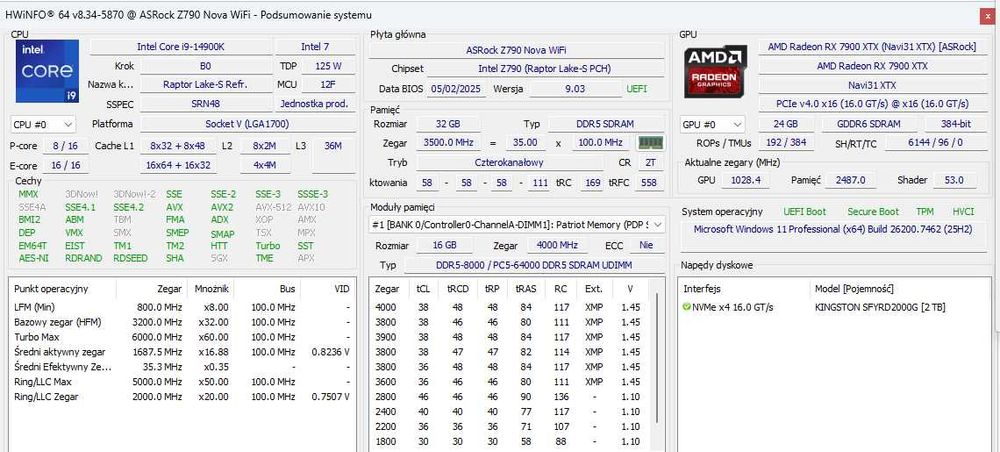 Komputer gamingowy i9-14900K / RX 7900 XTX 24GB / 32GB DDR5 8000MHZ