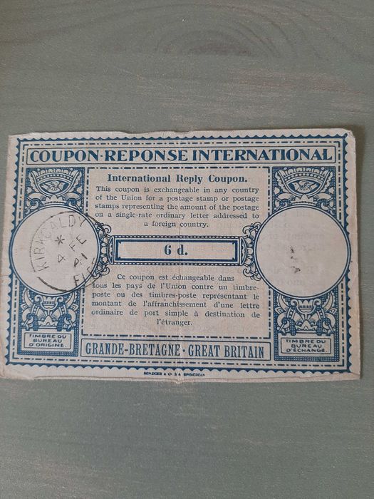 Stary dokument. Coupon reponse international great britain