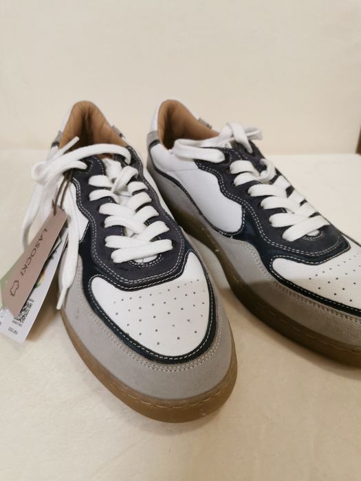 Półbuty męskie, biało-szare, denim, rozm. 42, skóra naturalna