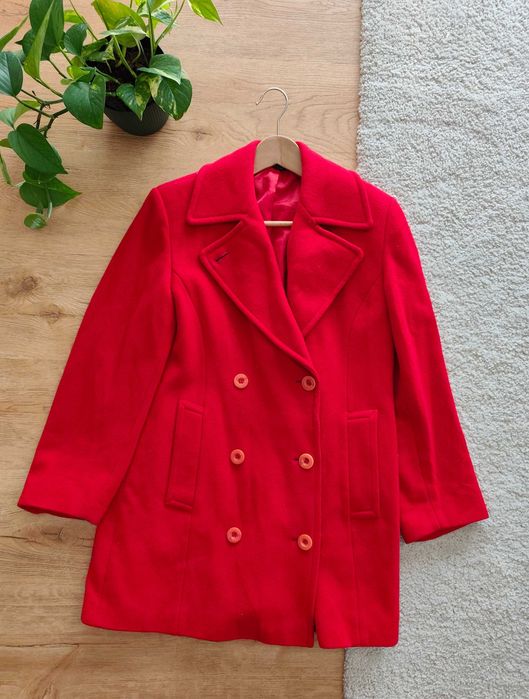 Czerwony płaszcz elegancki klasyczny bosmanka wełniany wool wełna S 36
