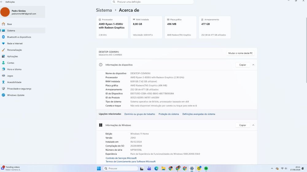 PC AIO Lenovo Ryzen 5 8Gb RAM 512 SD