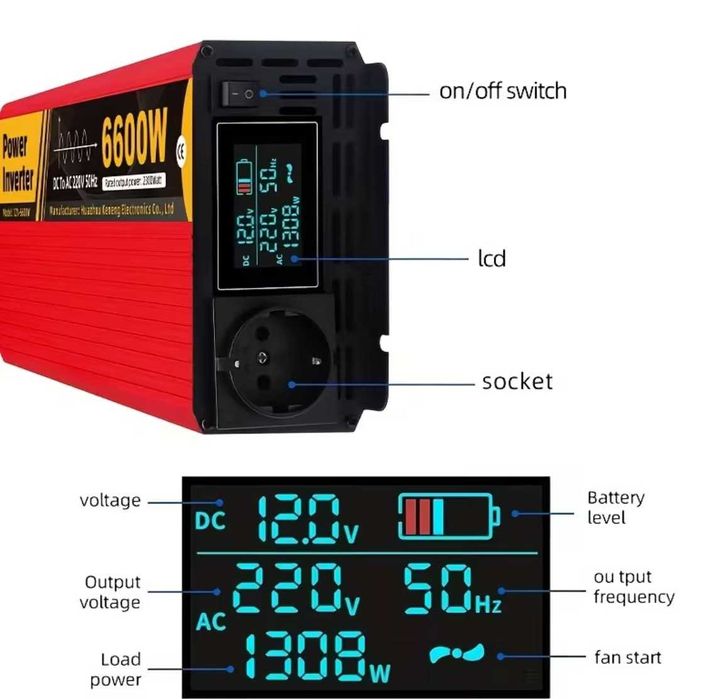 Суперпотужний інвертор 12V-220V: 6600/2300W ЧИСТИЙ СИНУС перетворювач