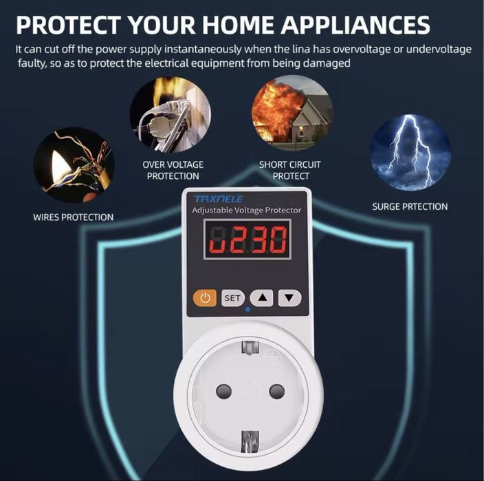 ‼️Реле напруги в розетку з дисплеєм Taxnele 220В 16А‼️