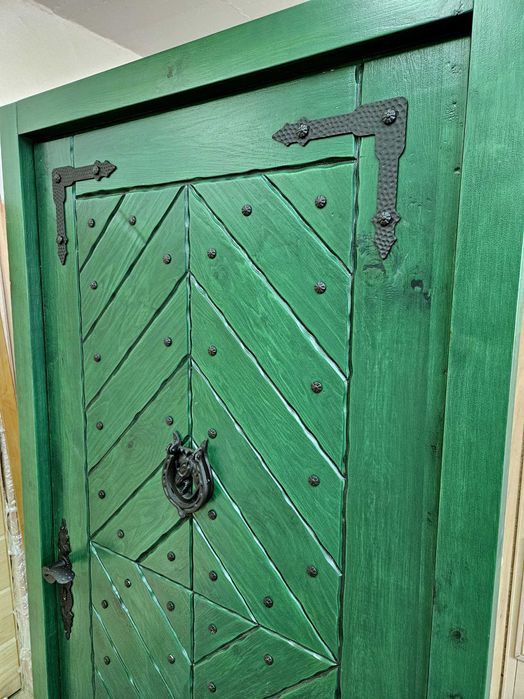 Drzwi DŁUGOSZ drewniane zewnętrzne góralskie jodełka zielone GOTOWE