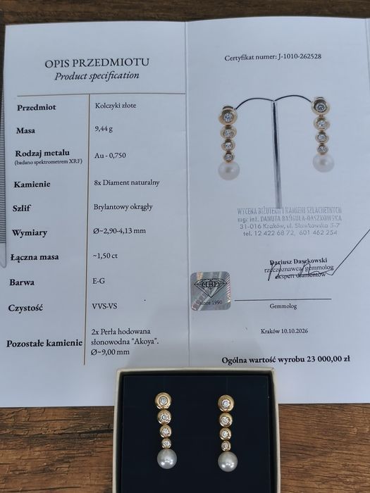 Piękne złote kolczyki z diamentami pr 750 18k 9.44gr 1.5ct unikat!!!
