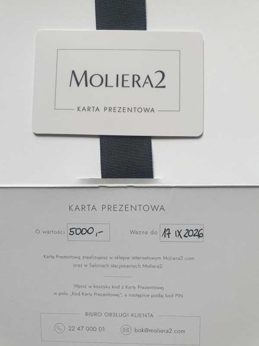 Karta upominkowa prezentowa Moliera2 warta 5 tysięcy, cena 4 tysiące