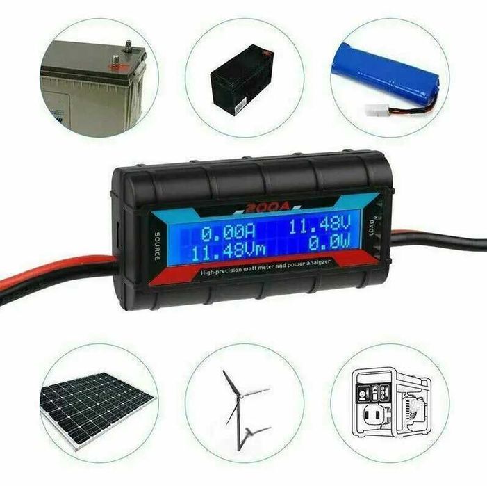 Анализатор мощности DC 0-60V 200A Цифровой ваттметр постоянного тока, вольтметр, амперметр для аккумуляторов и солнечных систем