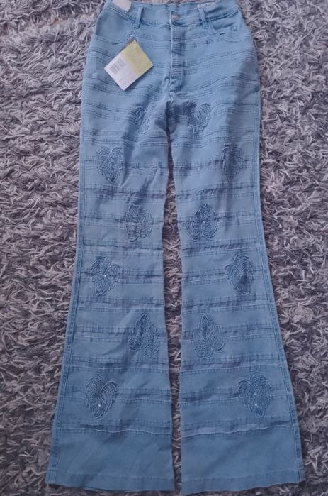 Spodnie jeansowe wstawki szyfon koronka