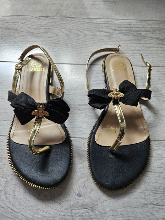 Sandały damskie lu boo kokardka złote