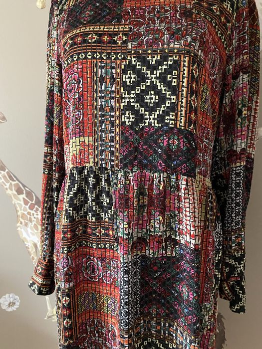 Kolorowa sukienka midi Zara boho etno patchwork, długi rękaw, S