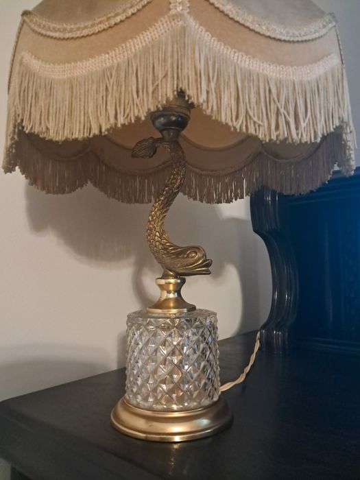 Unikatowa lamka nocna, antyk, mosiądz,  kryształ