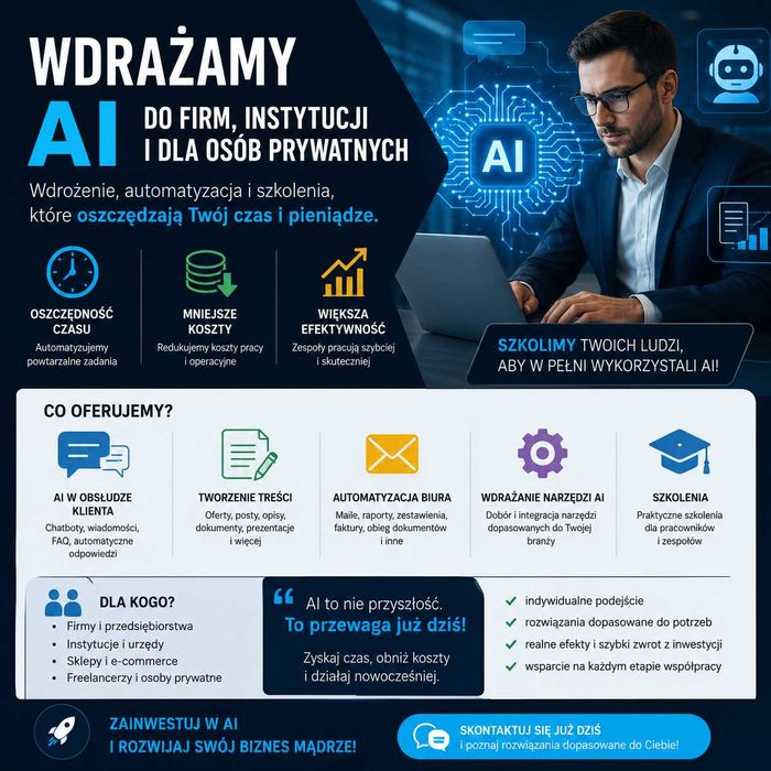 Wdrażanie i szkolenia z wykorzystania sztucznej inteligencji (AI) dla firm, instytucji i osób prywatnych