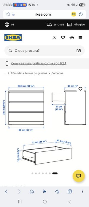 Cómoda Malm Iikea com vidro 80x78cm