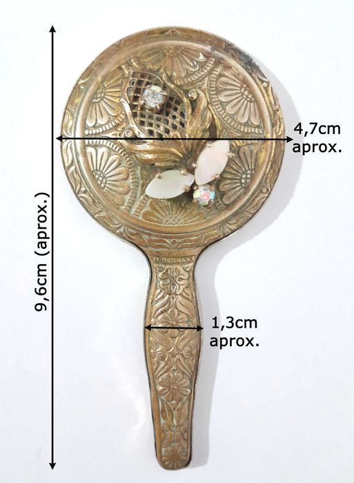 Antigo Espelho de mão miniatura dourado com motivos florais (Raro)