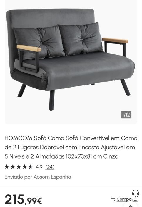 Sofá Cama de 2 Lugares  Cinza