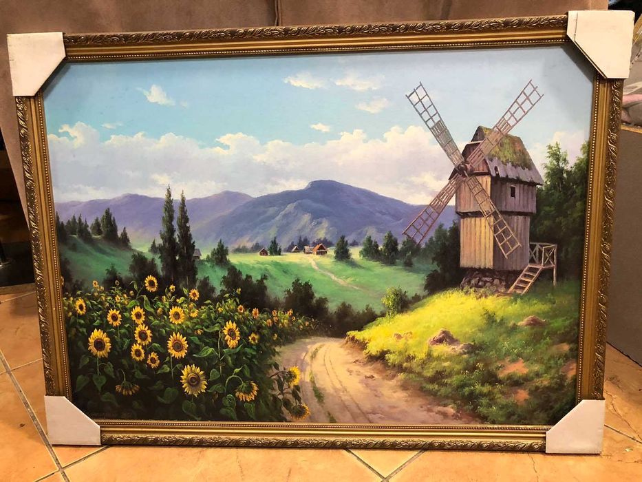 Картина в рамі для дому чи офісу на сільську тематику Млин ,соняшники