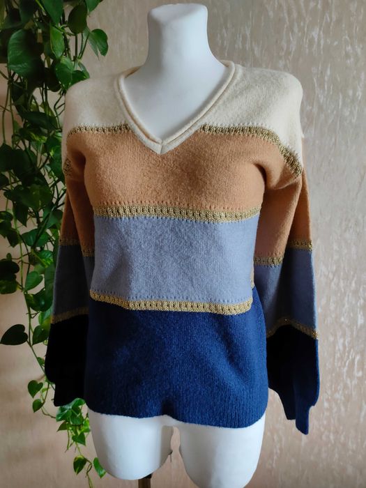 NOWY granatowy brązowy złoty ciepły sweter dekolt V  36/38 S/M Rainbow