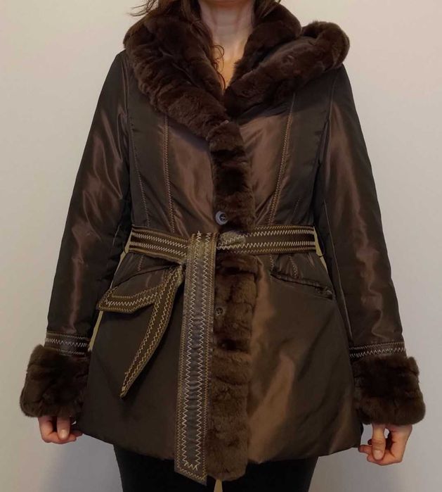 Kurtka damska rozm. 42 z naturalnym futerkiem brązowa Stan idealny