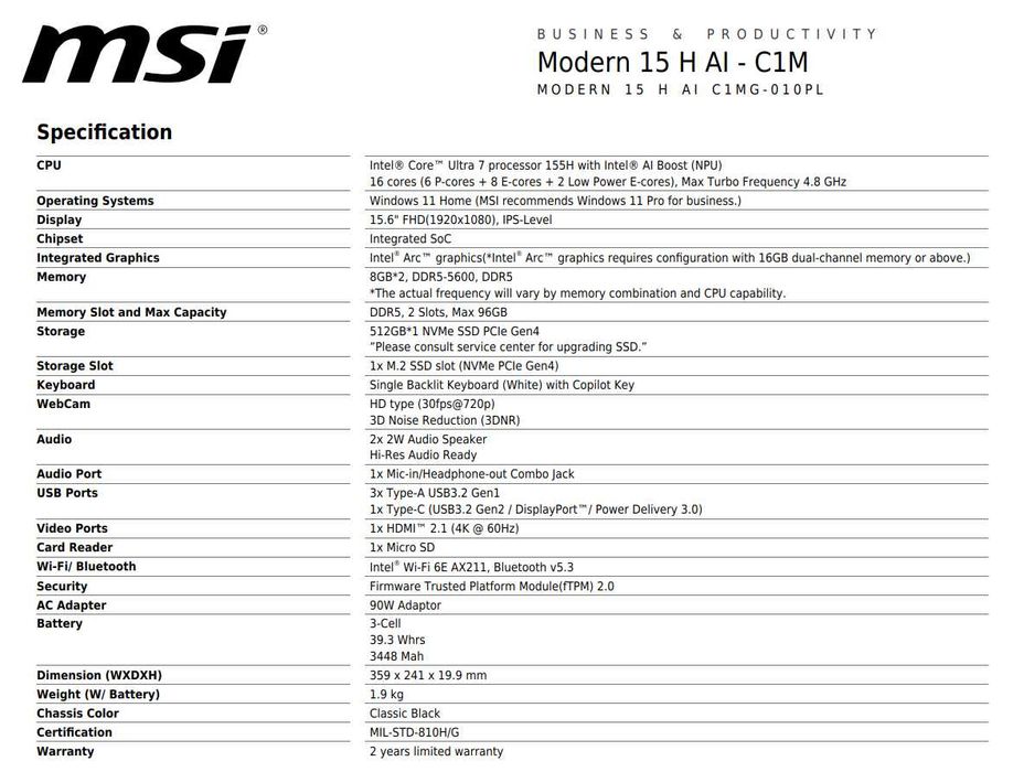 Laptop MSI Modern 15 H AI C1MG-010PL Ultra 7 155H
